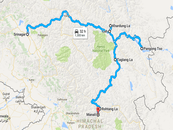 ஸ்ரீநகர் - கார்கில் - லே - கார்துங் லா - நுப்ரா - லே - பங்காங் சோ - லே - தங்லாங் லா - மணாலி