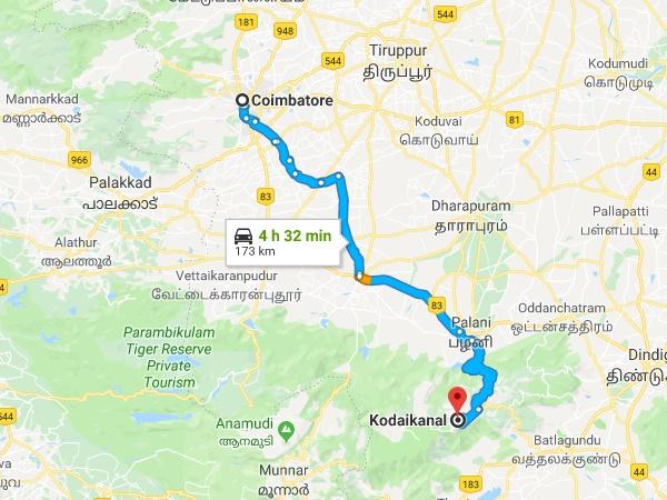 கோயம்புத்தூர் - கொடைக்கானல் (சாலை வழி)